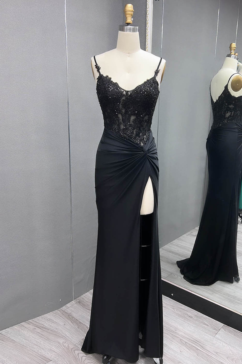 Green V Neck Beading Satin Long Slit Prom Dresses