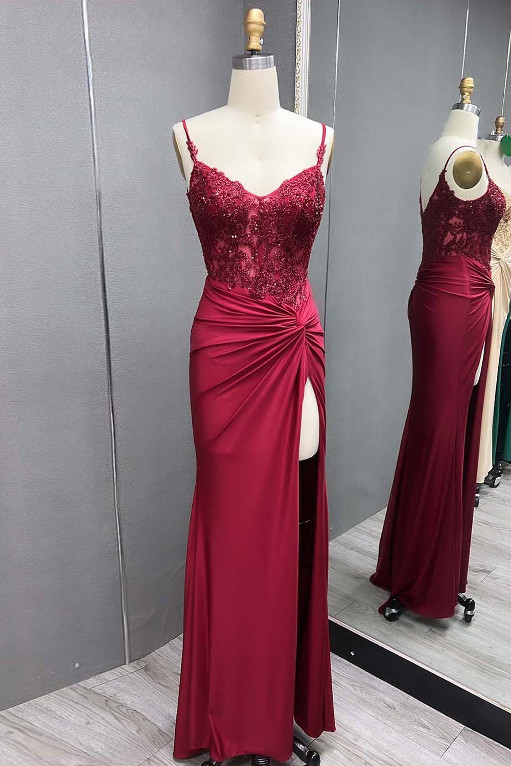 Green V Neck Beading Satin Long Slit Prom Dresses