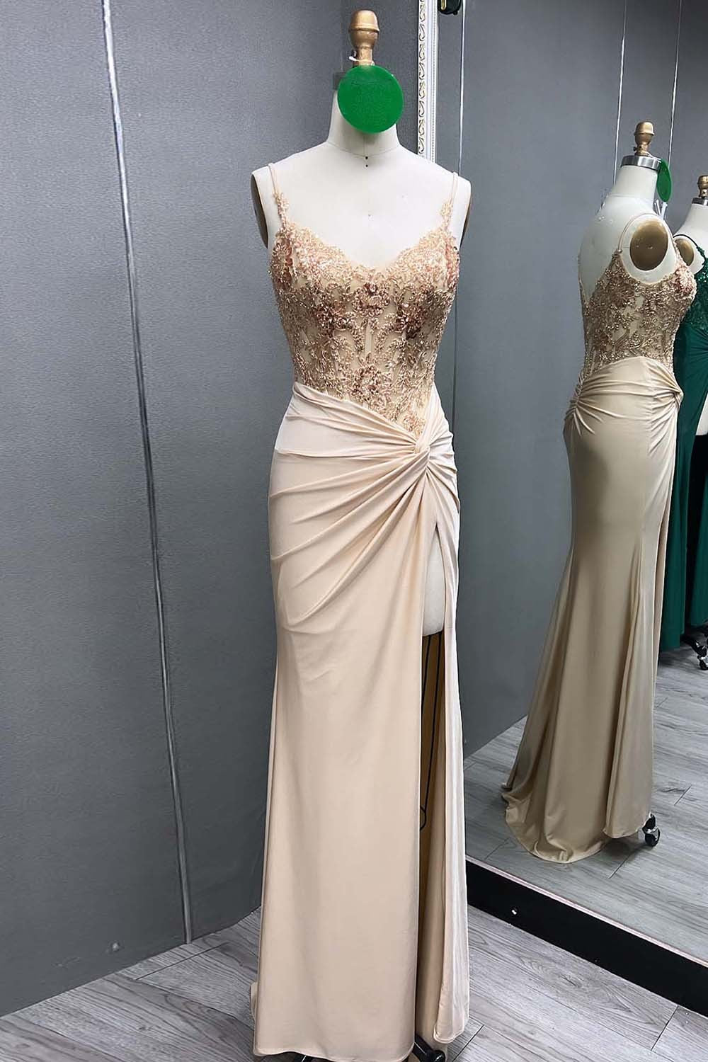 Green V Neck Beading Satin Long Slit Prom Dresses
