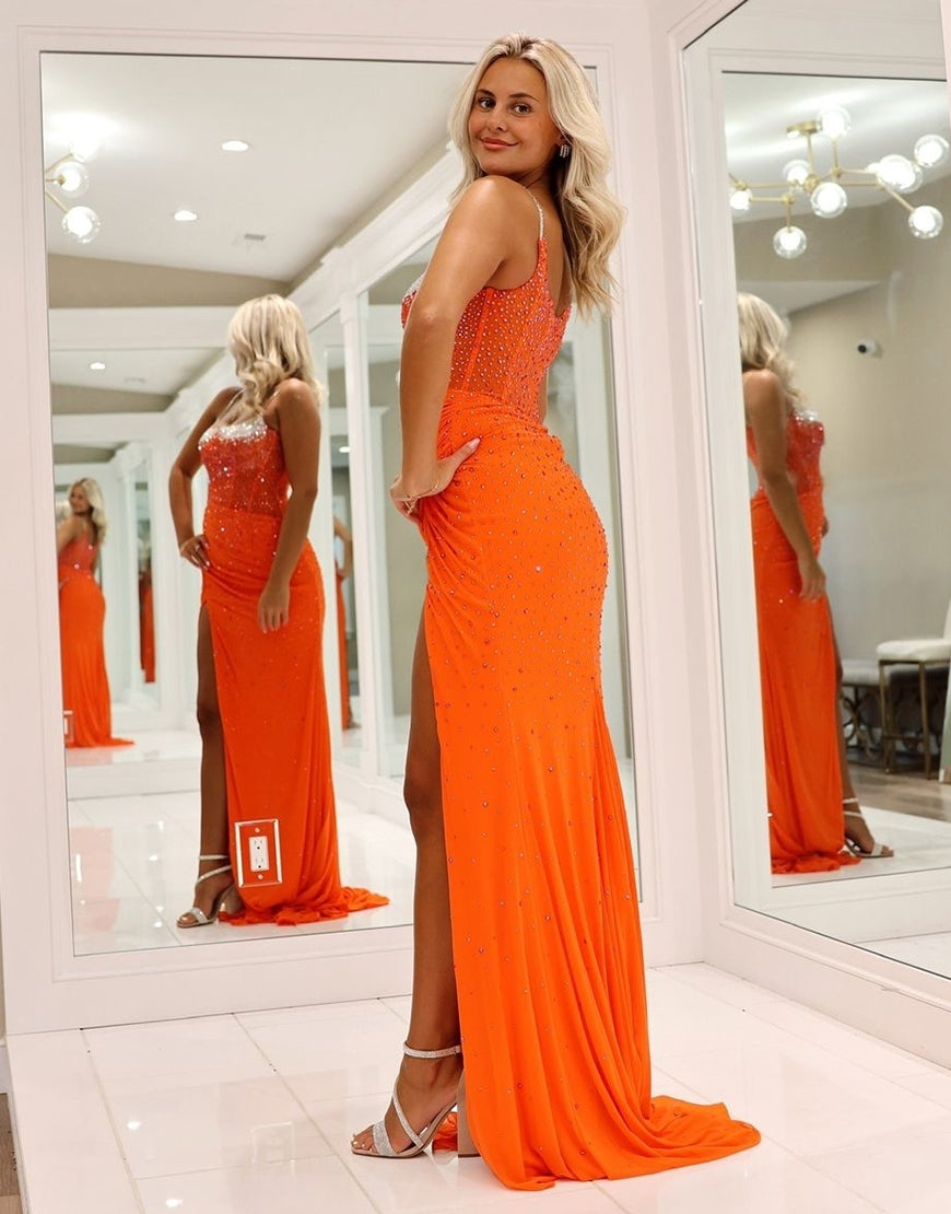 Spaghetti Straps Beaded Mermaid Prom Dress with Slit