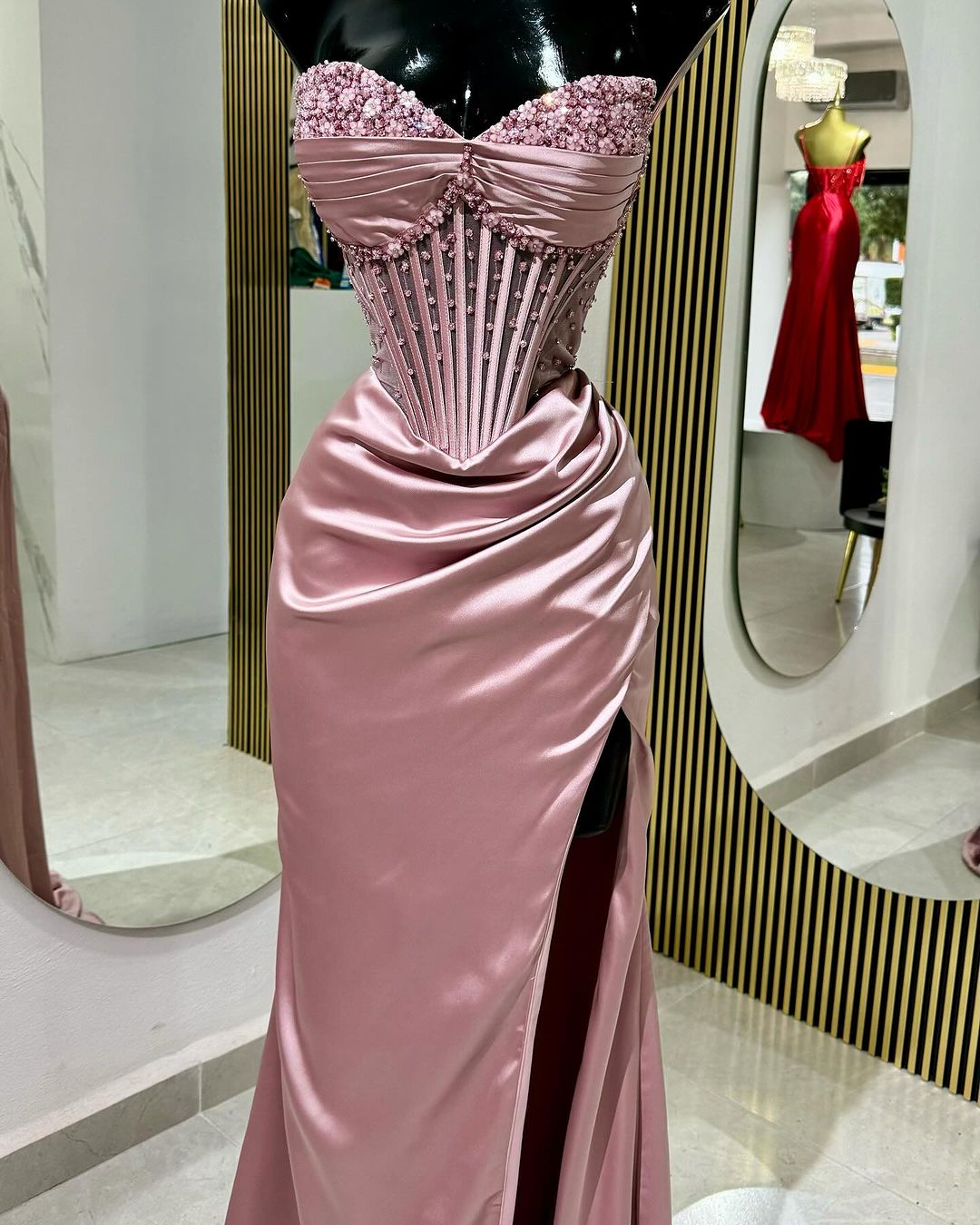 Mermaid Straps Blue Beaded Ruched Long Prom Dress with Slit