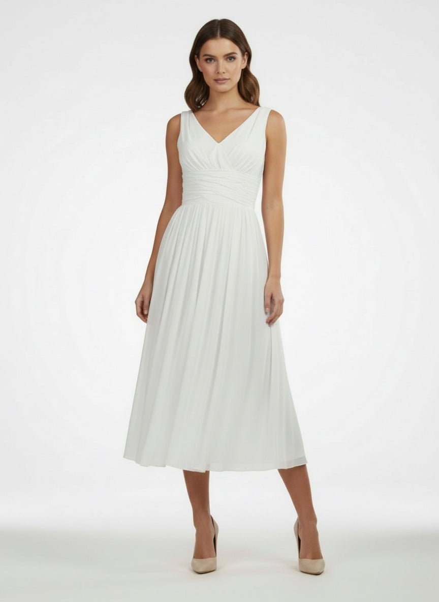KissDress-V-Neck Sleeveless Tea-Length Chiffon Wedding Dress With Ruching And Low-V Back