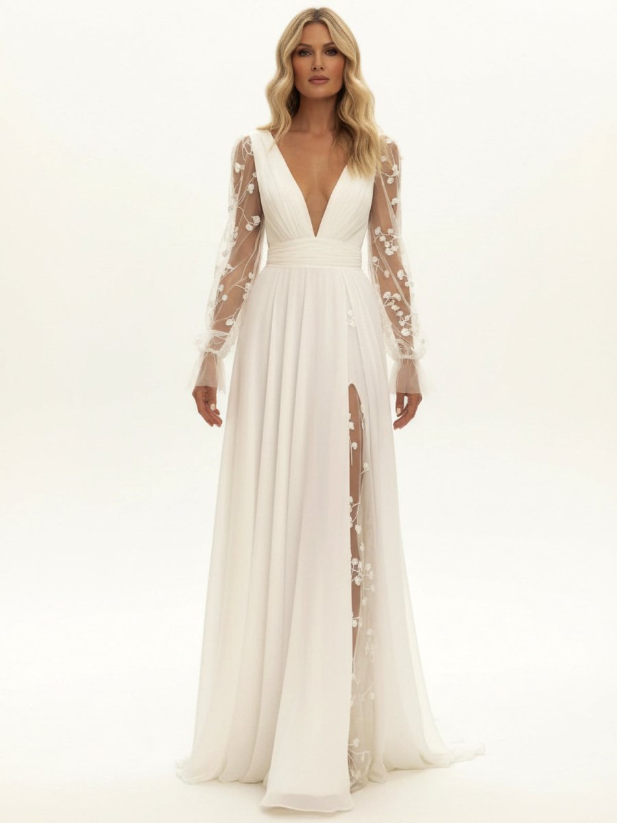 KissDress-Long Sleeve Boho Flowy Wedding Dress Lace A-Line V-Neck Beach Gown with Split Front and Sweep Train
