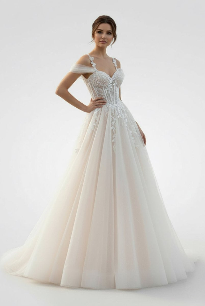 KissDress-Elodika A-Line Off-The-Shoulder Tulle Wedding Dresses With Appliques Lace