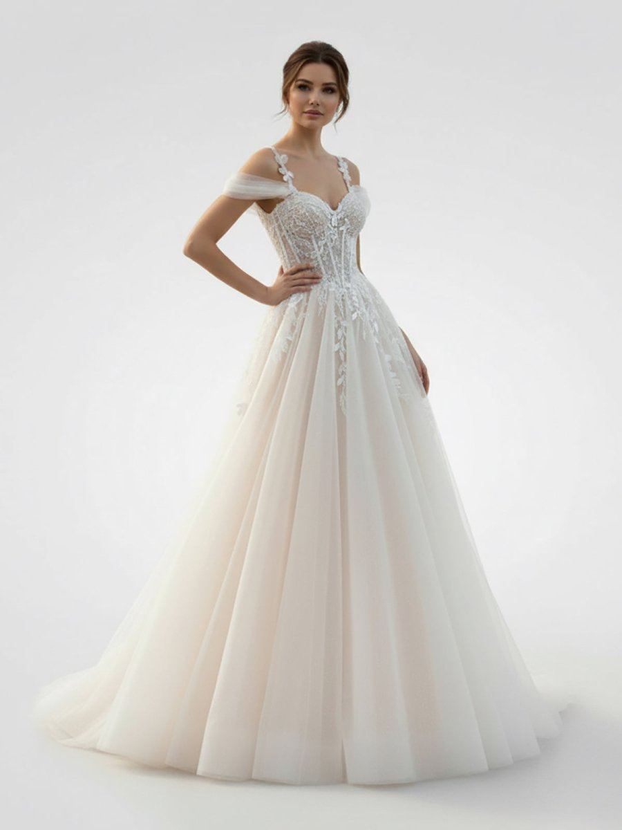 KissDress-Elodika A-Line Off-The-Shoulder Tulle Wedding Dresses With Appliques Lace