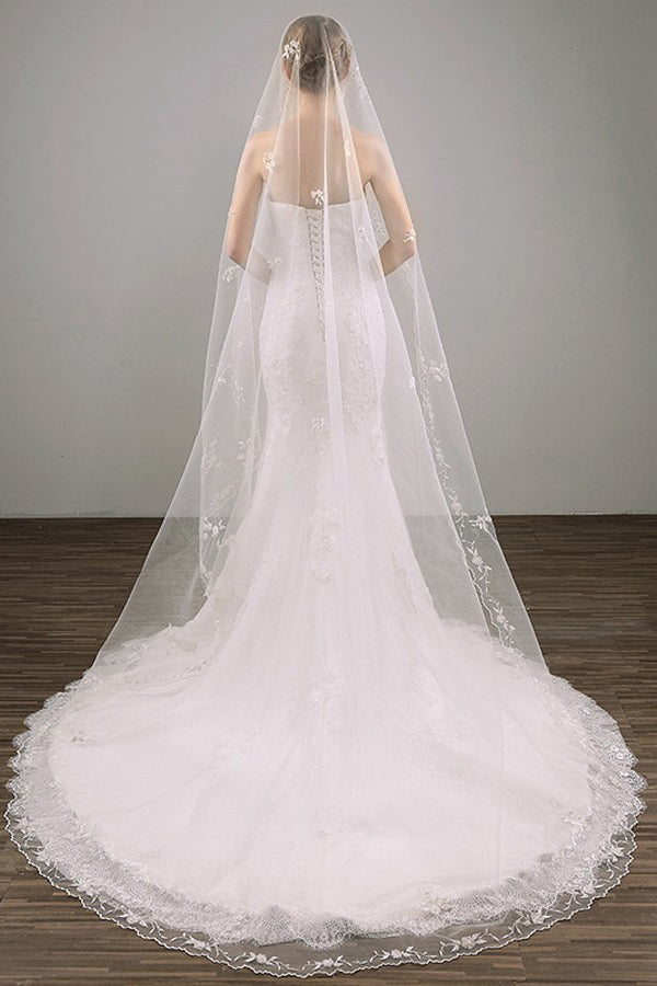 Two Tier Lace Appliques Edge Cathedral Veil Long Wedding Veil