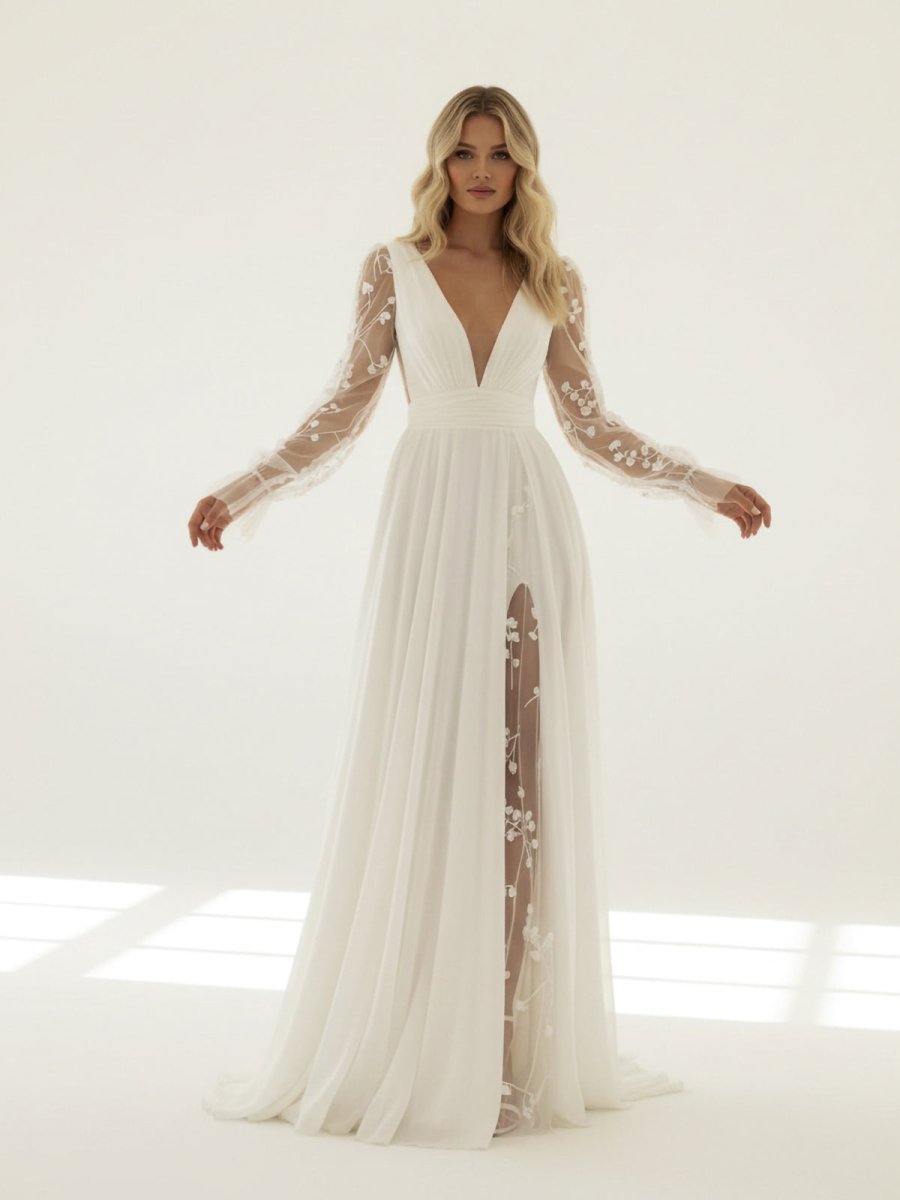 KissDress-Long Sleeve Boho Flowy Wedding Dress Lace A-Line V-Neck Beach Gown with Split Front and Sweep Train