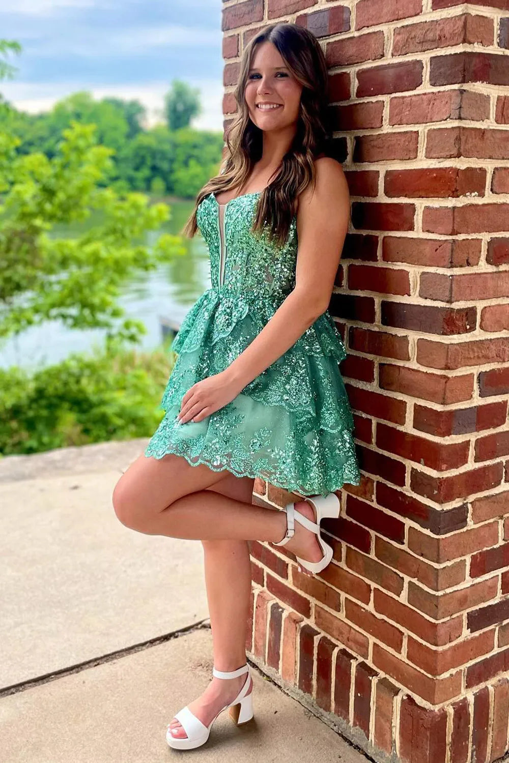Cute A-Line Sweetheart Lilac Sequin Tiered Short Homecoming Dresses