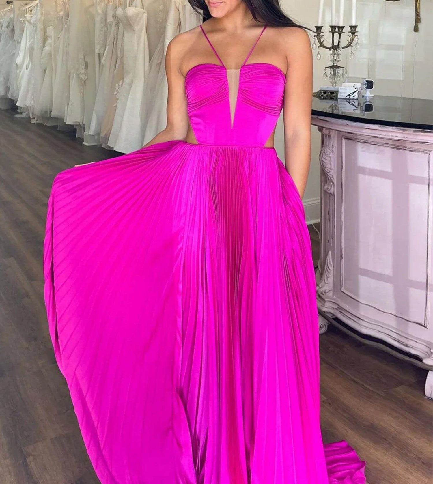A-Line Straps Royal Blue Pleated Chiffon Long Formal Dress with Bow Back