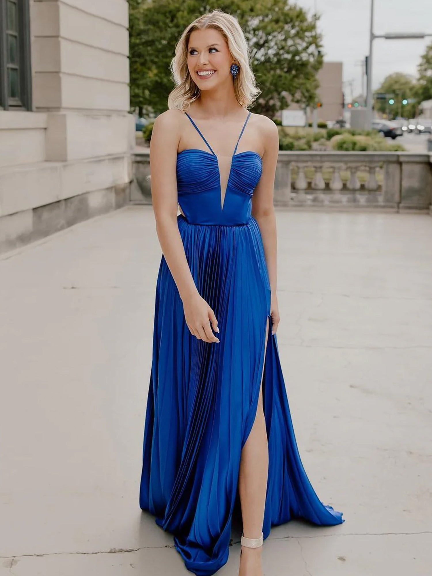 A-Line Straps Royal Blue Pleated Chiffon Long Formal Dress with Bow Back