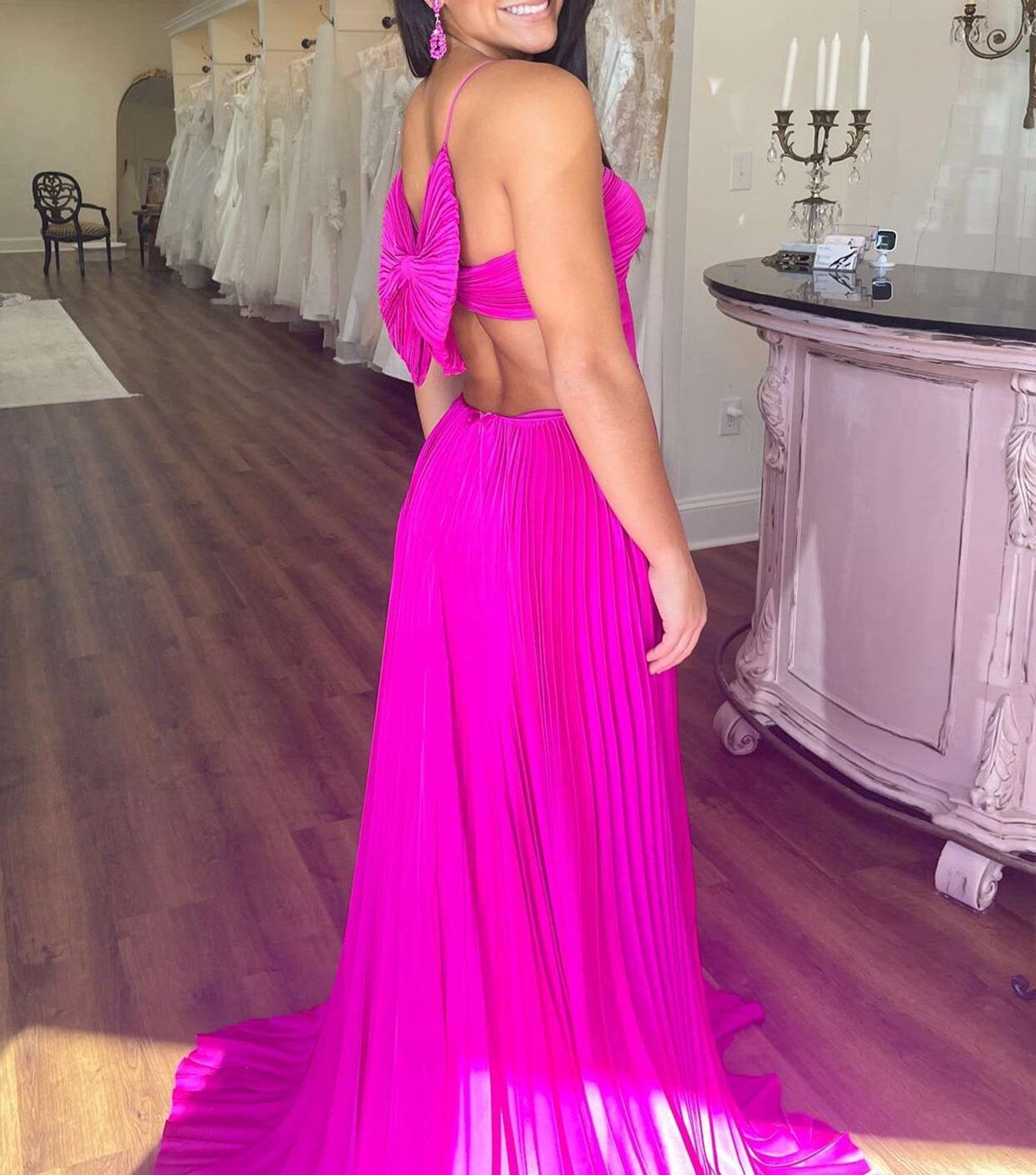A-Line Straps Royal Blue Pleated Chiffon Long Formal Dress with Bow Back
