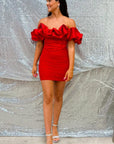 Red Off-the-Shoulder Bodycon Cocktail Dress with Ruffles