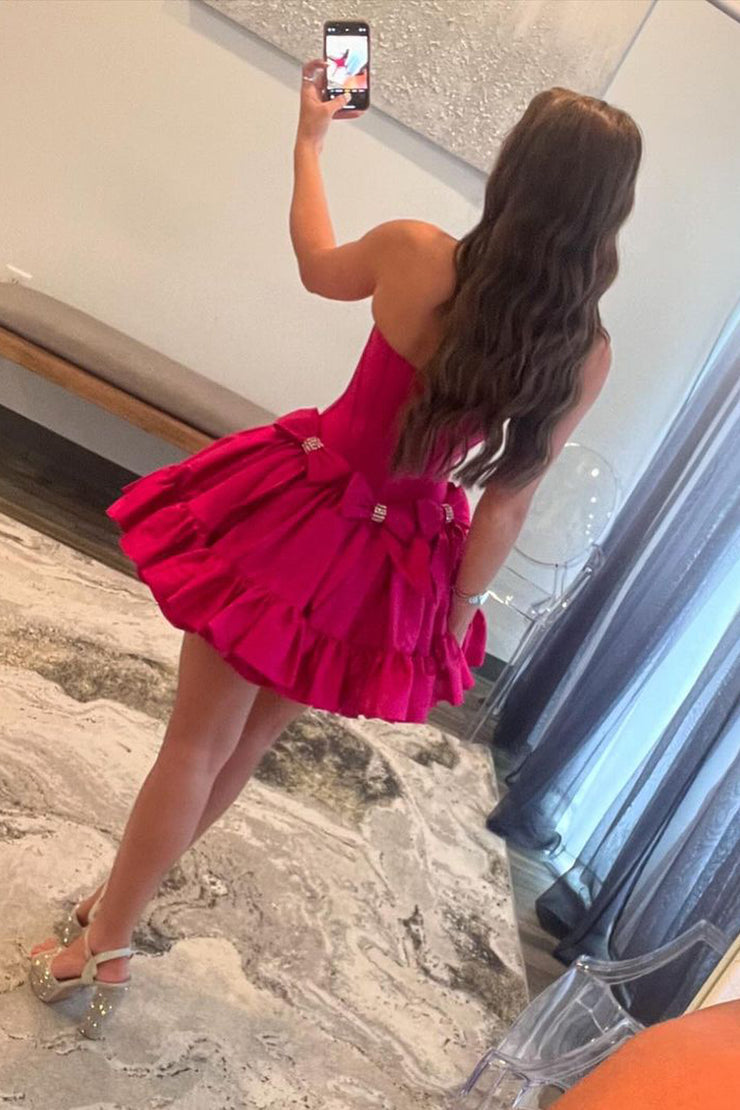 Strapless Black Beaded Short Homecoming Dress with Bow