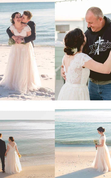 Cap Sleeve V-Neck Lace Wedding Dress With Tulle Skirt and V-Back
