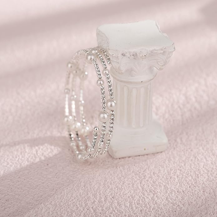 Multi Layered Stretch Wrap Silver Bracelets with Rhinestone