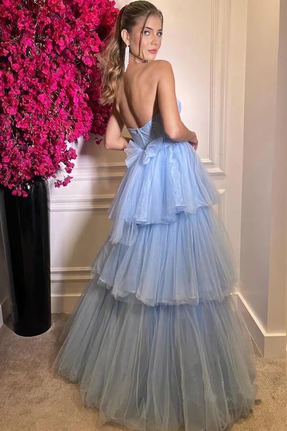 A-line Tiered Ruffled Long Tulle Prom Dress