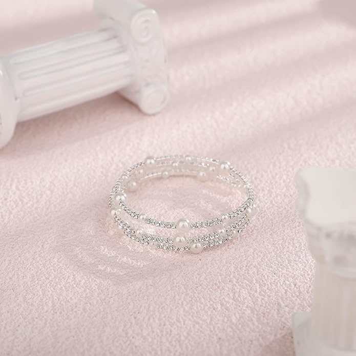 Multi Layered Stretch Wrap Silver Bracelets with Rhinestone
