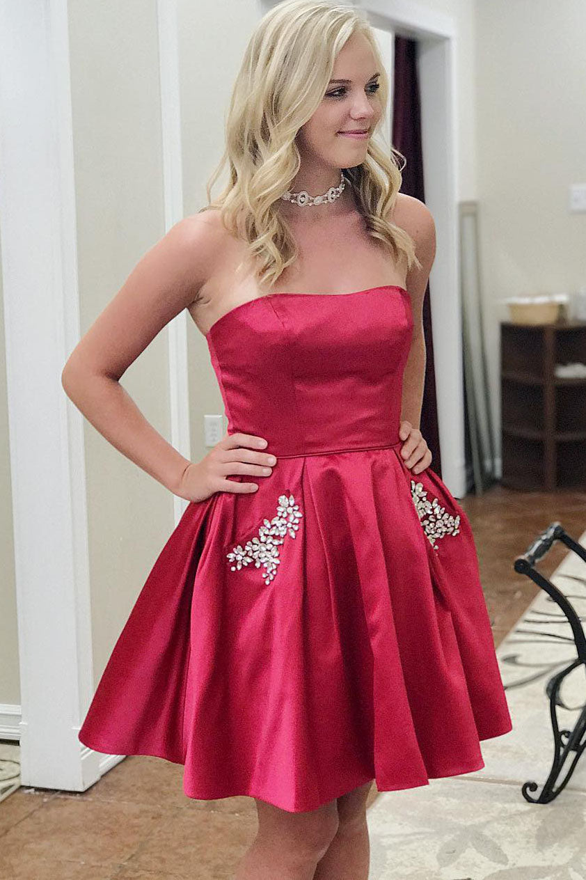 Strapless Beading Sky Blue Homecoming Dress with Pockets