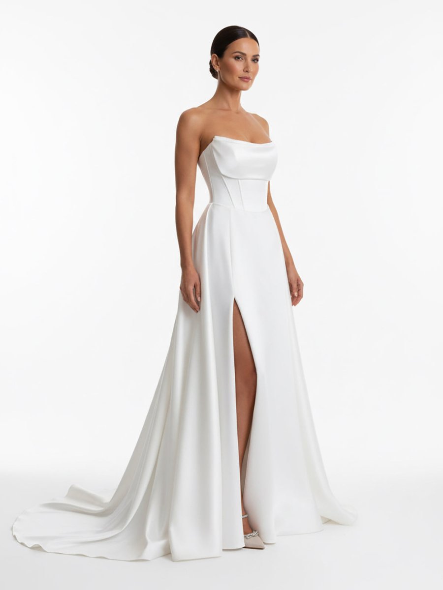 KissDress-Jane A-Line Strapless White Satin Wedding Dresses with Slit