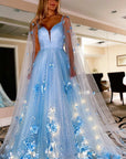 Lavender 3D Floral Lace A-Line Prom Dress with Cape Sleeves