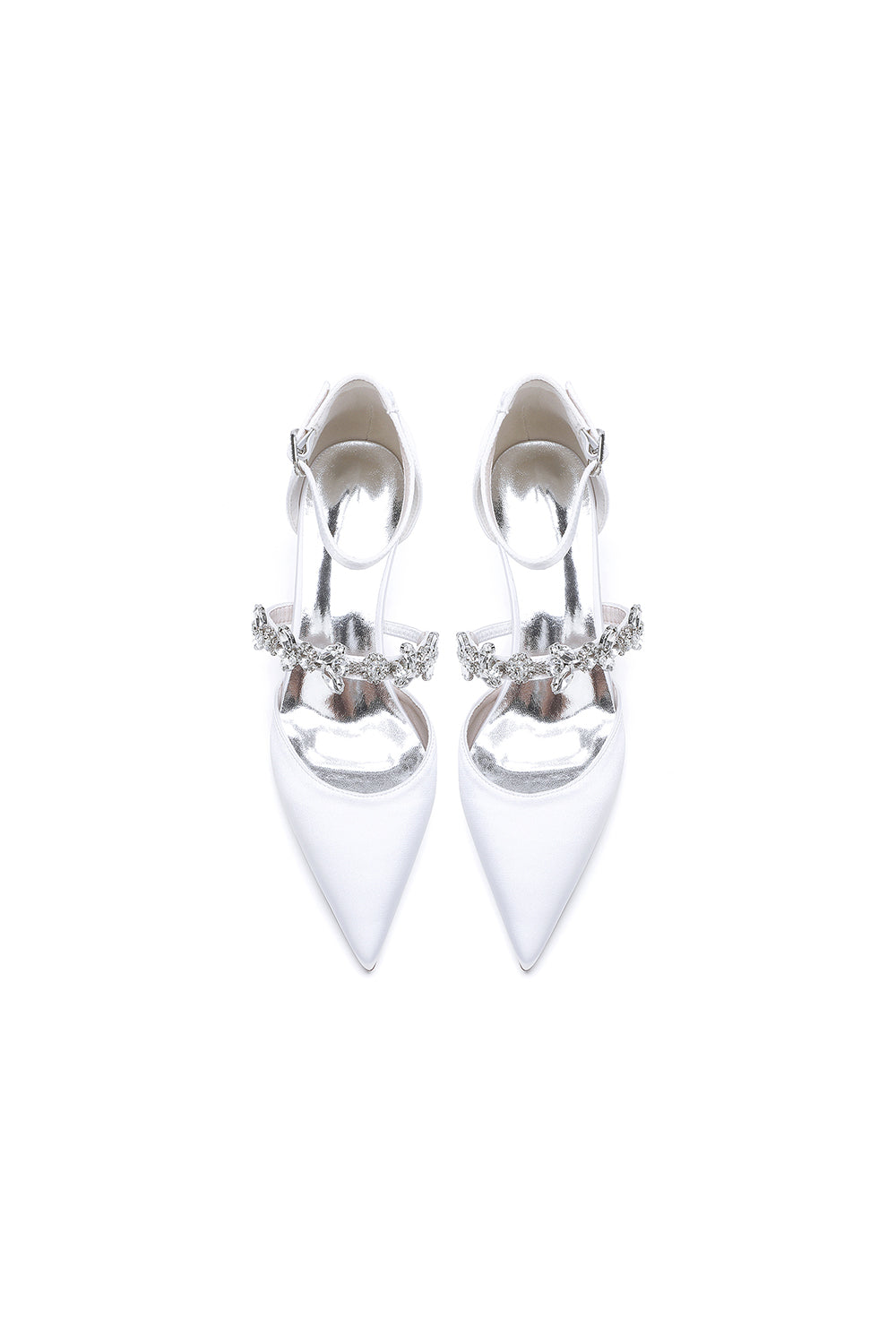 Crystal Strap Pointed Toe Satin Kitten Heels