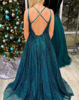 Glitter A-Line Teal Long Prom Dress with Spaghetti Straps