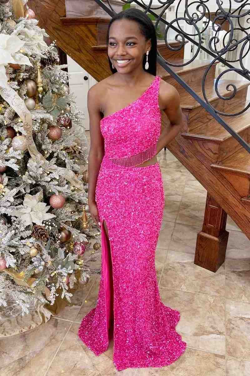 Green Two Piece Sequined One Shoulder Long Party Dress with Tassel