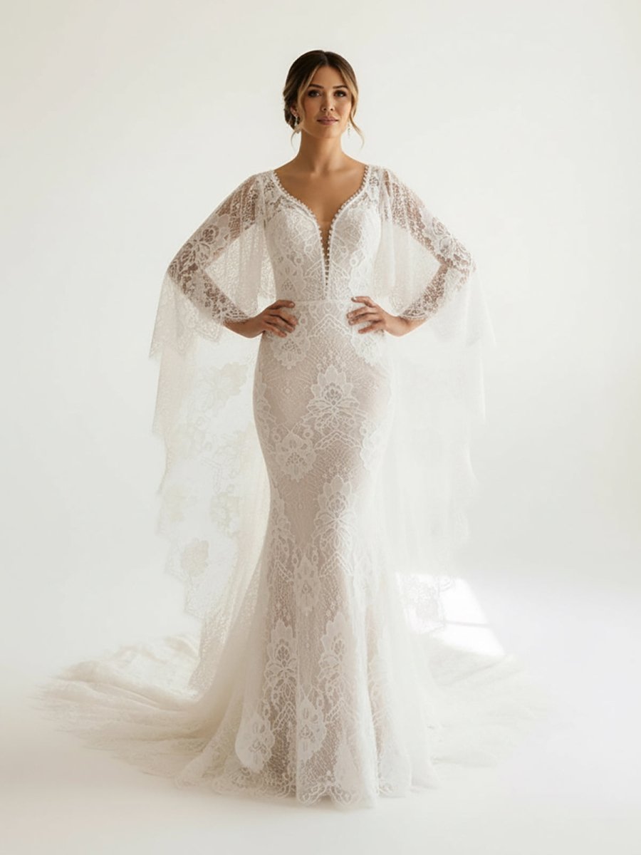 KissDress-Anais Ivory Long Sleeve Cape Lace Mermaid Wedding Dress with Appliques