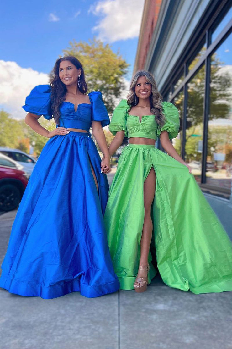 Green Two-Piece Puff Sleeves Satin Long Prom Dress With Split