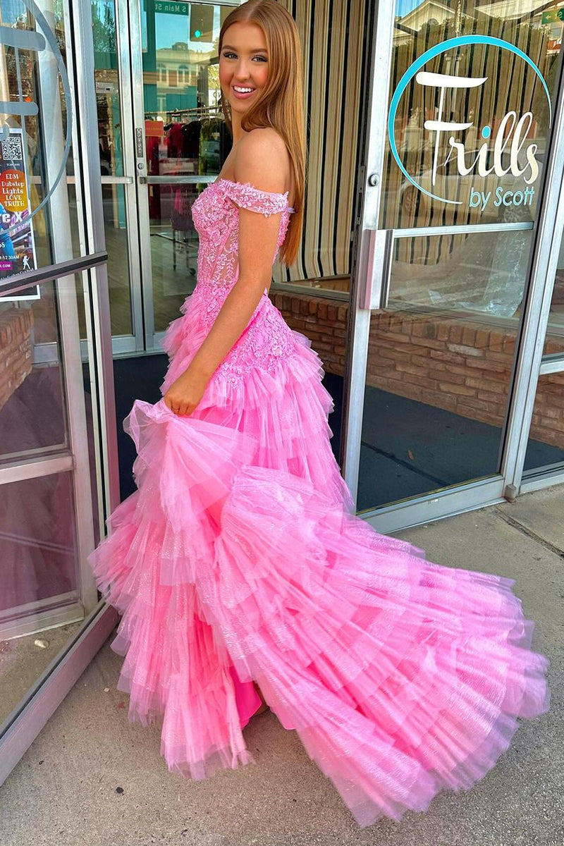 Champagne Off the Shoulder Tulle Prom Dress With Appliques