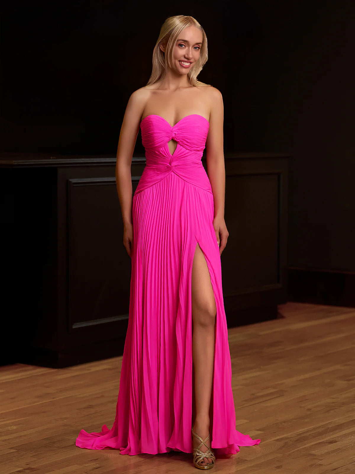 Hot Pink Strapless Keyhole Pleated A-Line Prom Dress