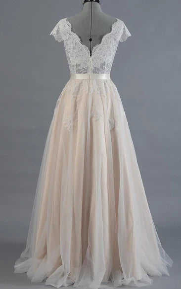 Cap Sleeve V-Neck Lace Wedding Dress With Tulle Skirt and V-Back