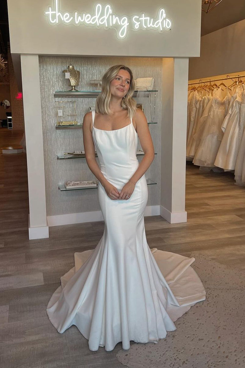 Simple Mermaid Scoop Neck Backless Satin Wedding Dresses