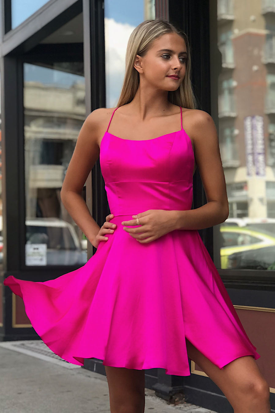 A-line Spaghetti Straps Satin Homecoming Dress