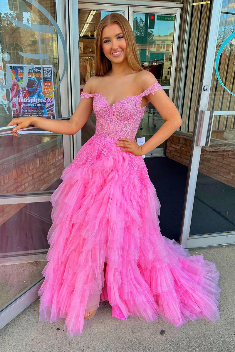 Champagne Off the Shoulder Tulle Prom Dress With Appliques