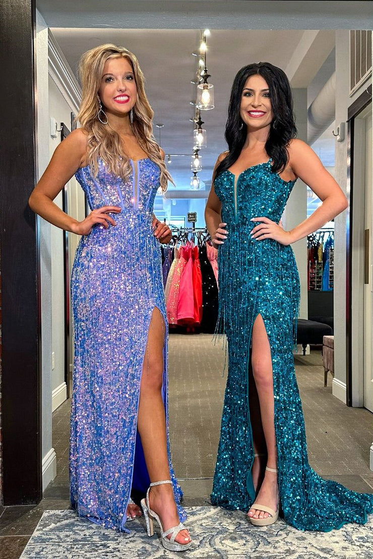 Sparkly Sheath V Neck Sequins Long Prom Dresses With Split