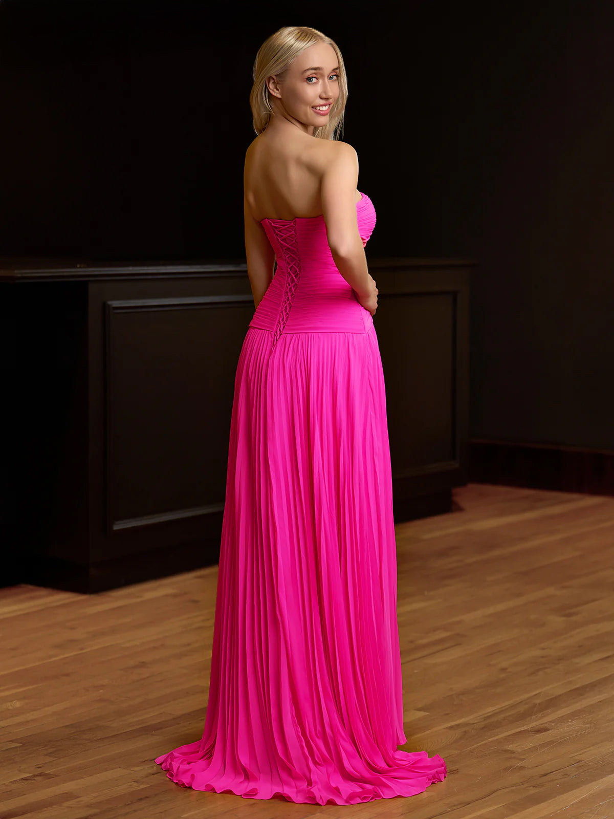 Hot Pink Strapless Keyhole Pleated A-Line Prom Dress
