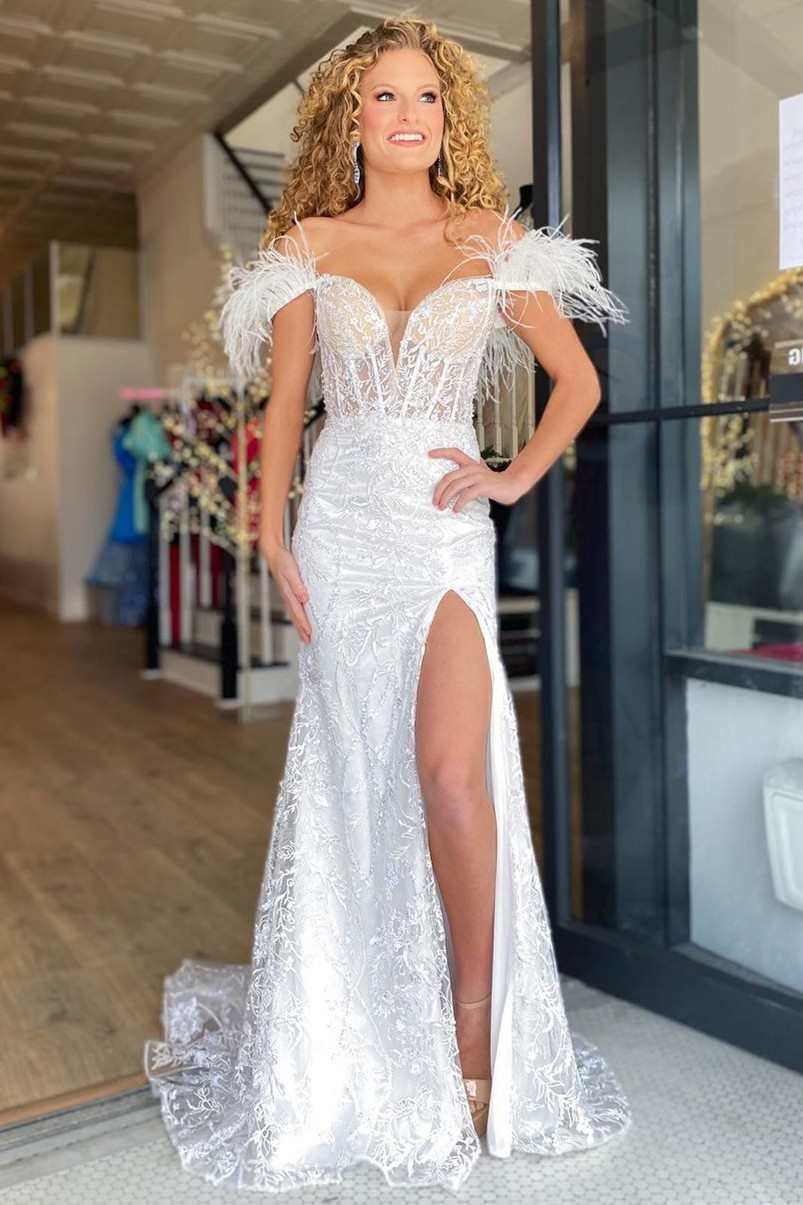 Mermaid Feather Off the Shoulder Lace Prom Dress