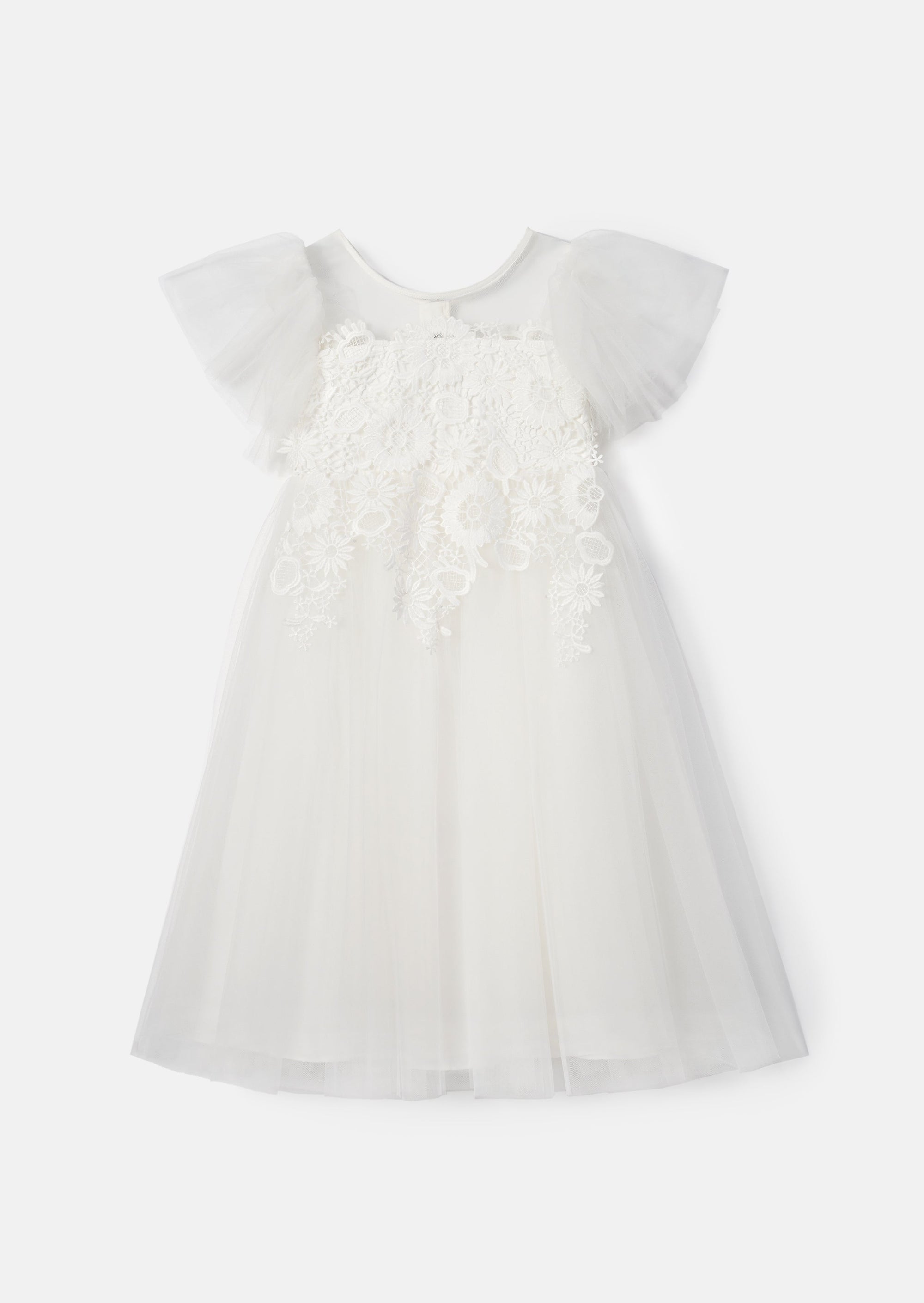 Cascade Mesh Sleeves Lace Flower Girl Dress