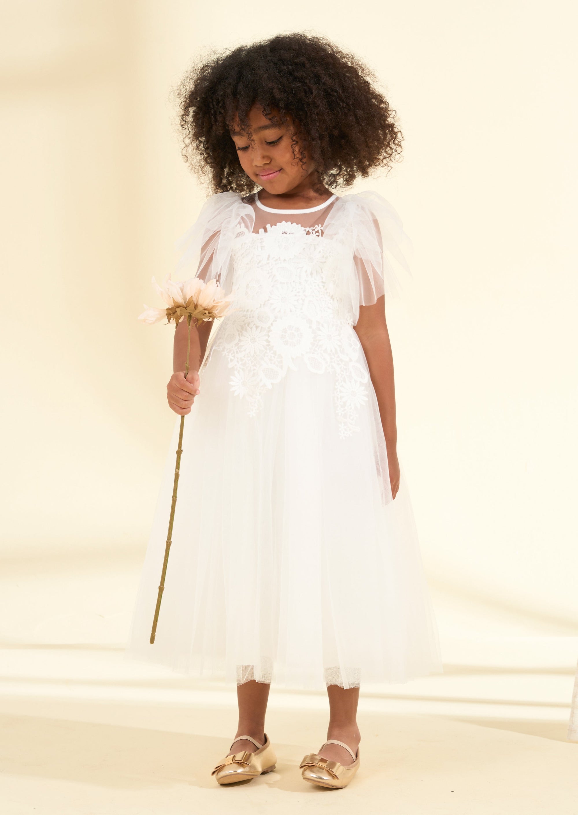 Cascade Mesh Sleeves Lace Flower Girl Dress