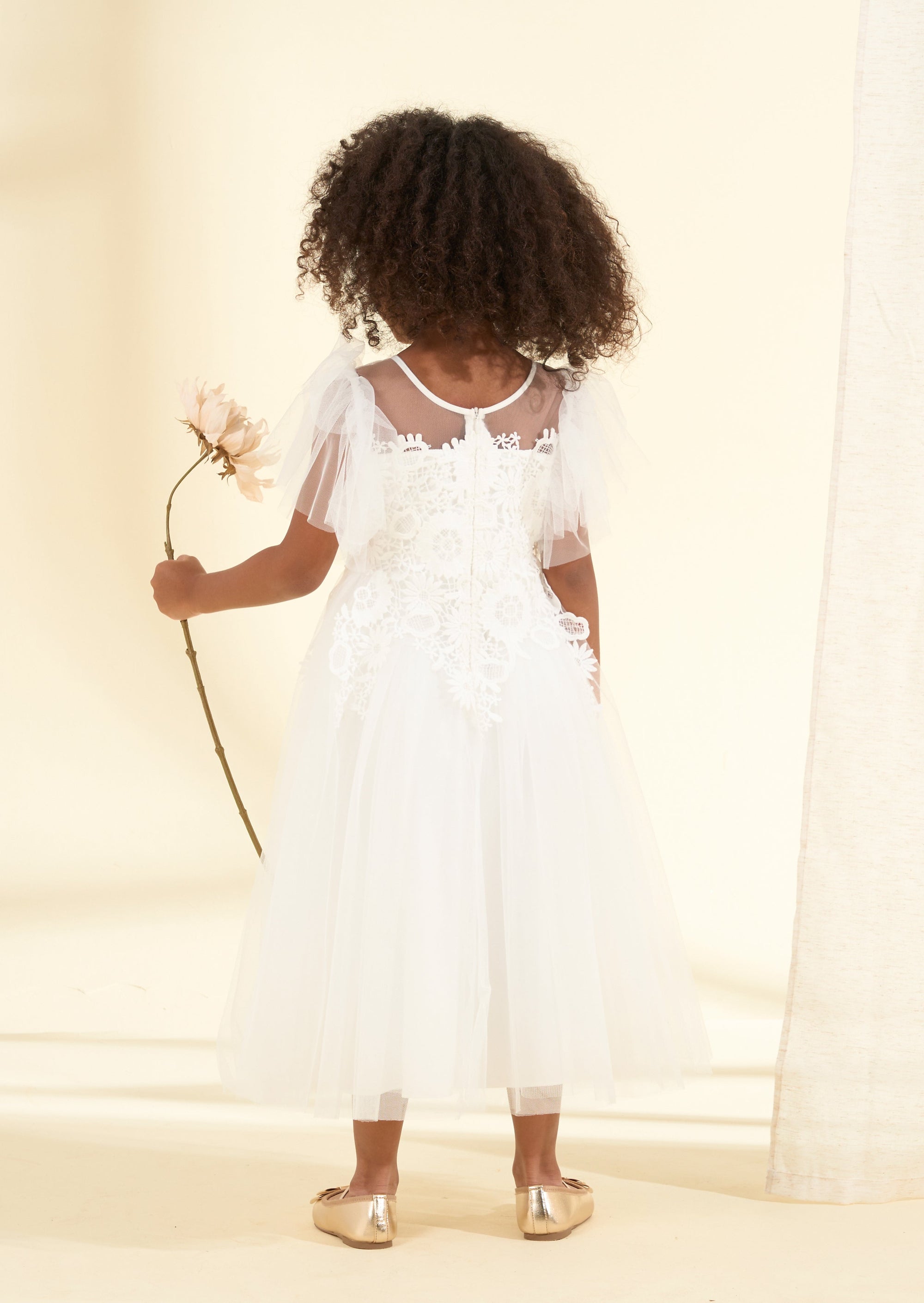 Cascade Mesh Sleeves Lace Flower Girl Dress