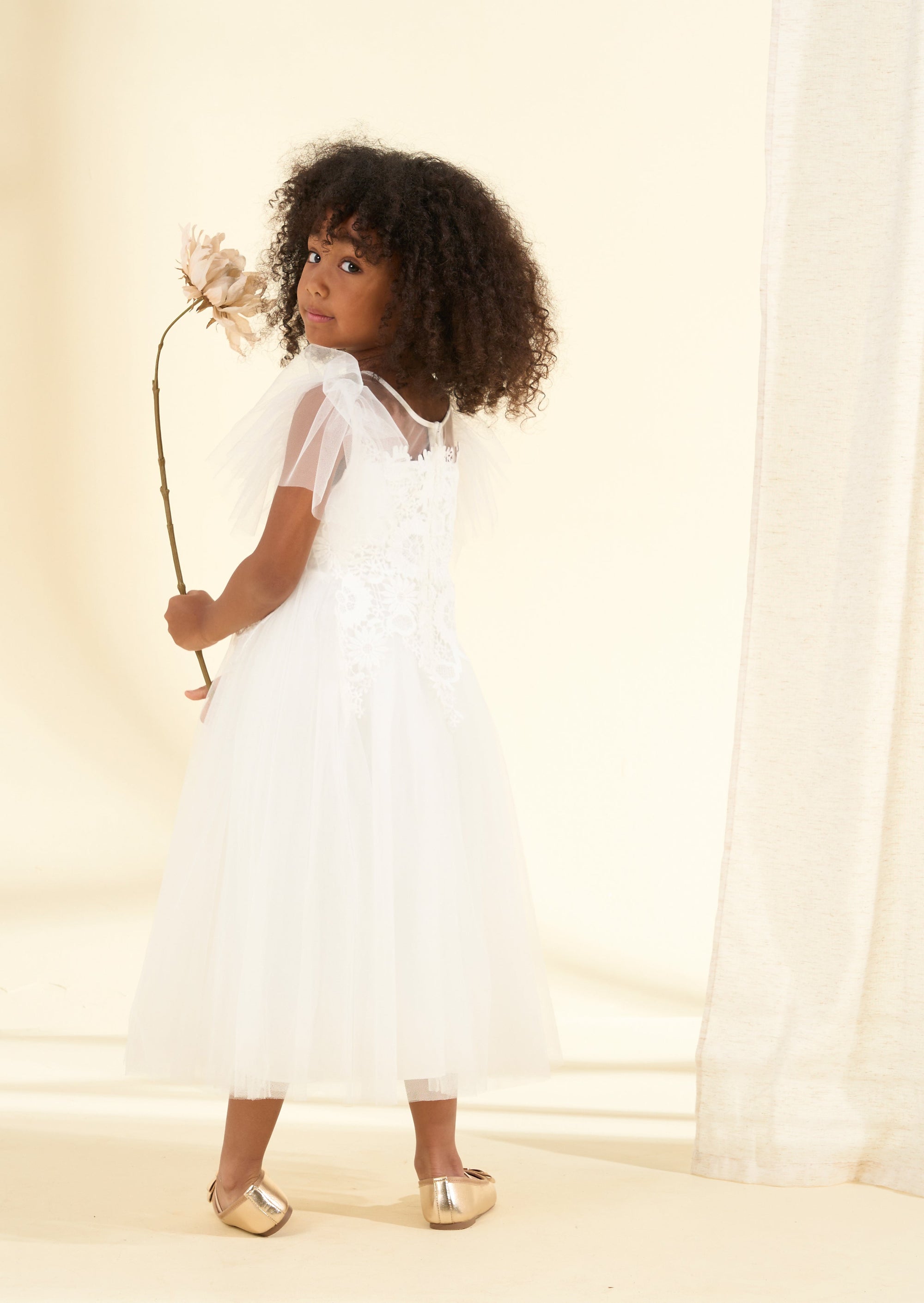 Cascade Mesh Sleeves Lace Flower Girl Dress