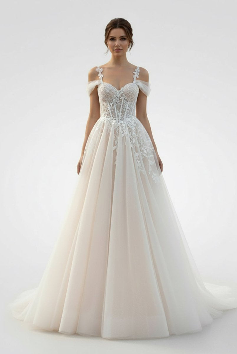 KissDress-Elodika A-Line Off-The-Shoulder Tulle Wedding Dresses With Appliques Lace