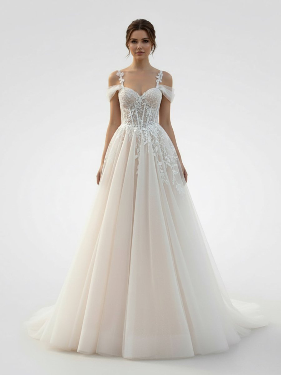 KissDress-Elodika A-Line Off-The-Shoulder Tulle Wedding Dresses With Appliques Lace