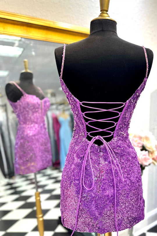 Black Sheath Spaghetti Straps Sequined Lace Homecoming Dress