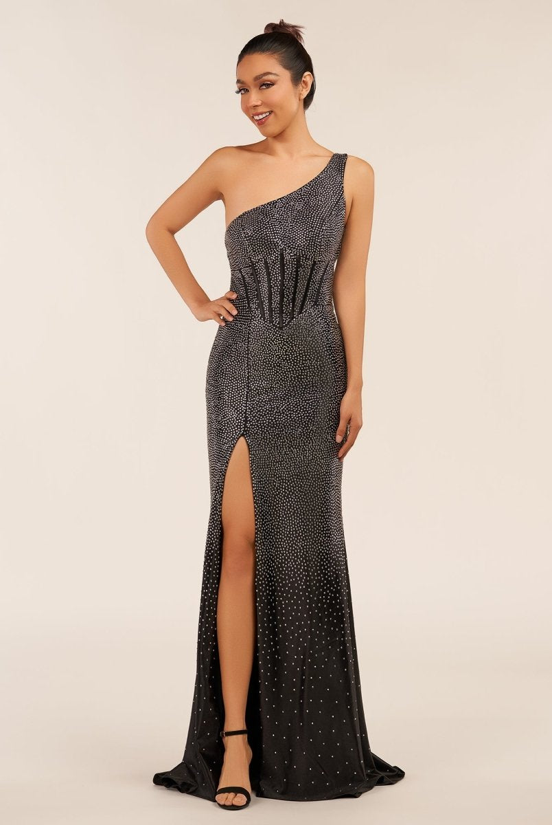 Eluned | Black One Shoulder Sheath Beaded Prom Dress With Split - KissProm