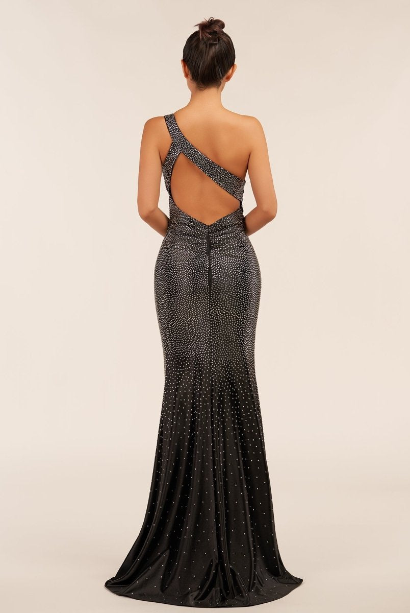 Eluned | Black One Shoulder Sheath Beaded Prom Dress With Split - KissProm