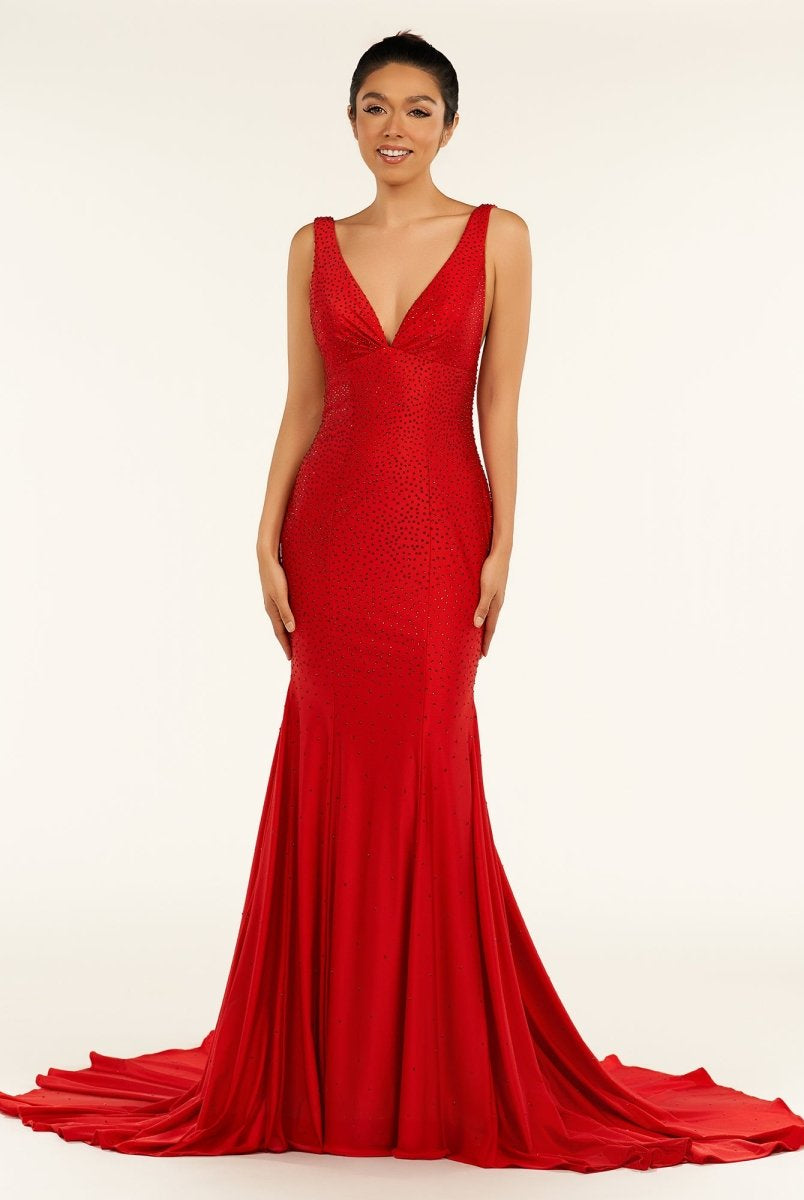 Molly | Mermaid Deep V - Neck Beaded Satin Long Prom Dress - KissProm