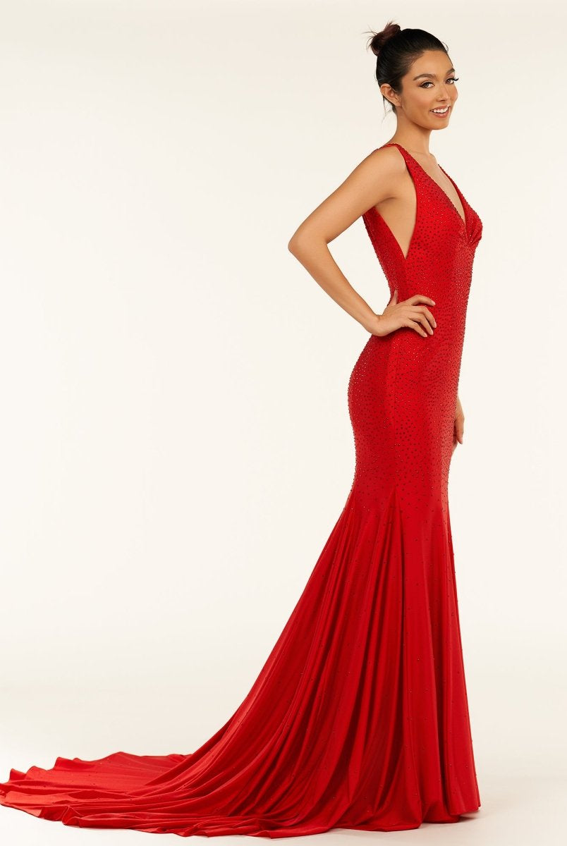 Molly | Mermaid Deep V - Neck Beaded Satin Long Prom Dress - KissProm