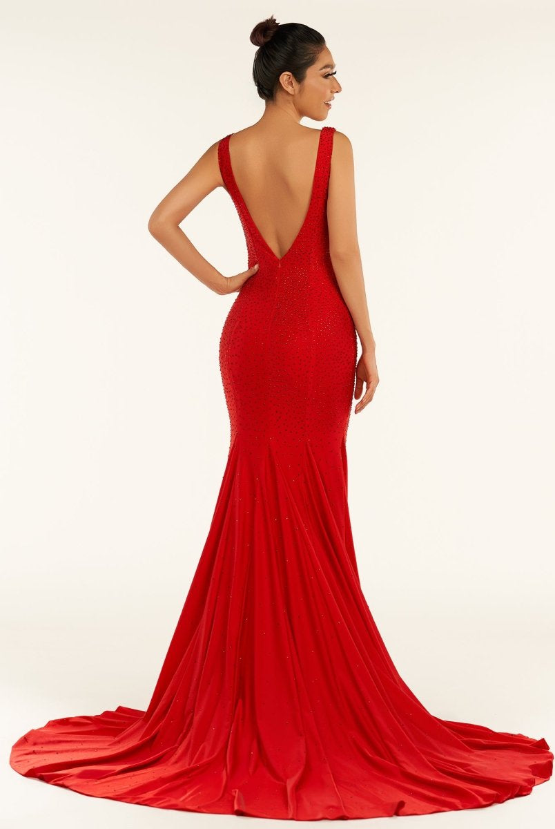 Molly | Mermaid Deep V - Neck Beaded Satin Long Prom Dress - KissProm